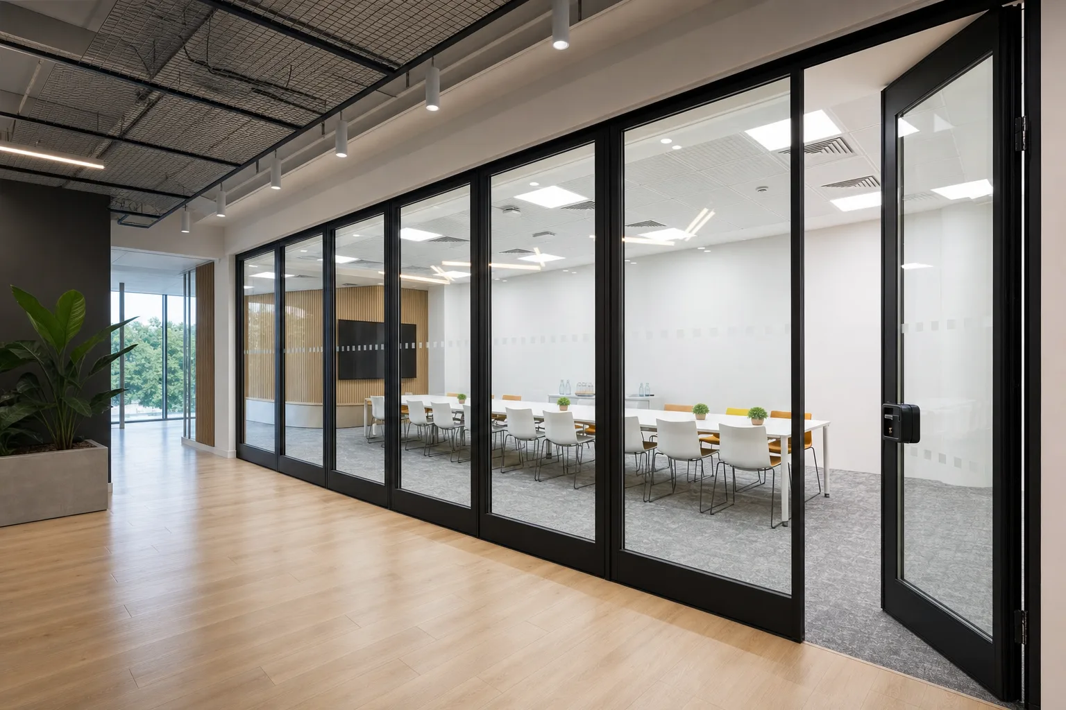 Glazed movable acoustic wall system in a modern commercial office
